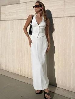 Best Solid V-Neck Backless Tie Up Halter & Split Maxi Skirt Set Skirt Sets|Long Sleeve Sets