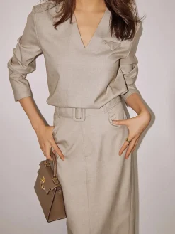 Online Solid V-neck Belted Two Piece Skirt Set Skirt Sets|Long Sleeve Sets