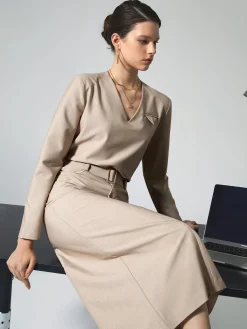 Online Solid V-neck Belted Two Piece Skirt Set Skirt Sets|Long Sleeve Sets