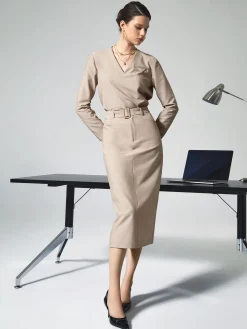 Online Solid V-neck Belted Two Piece Skirt Set Skirt Sets|Long Sleeve Sets