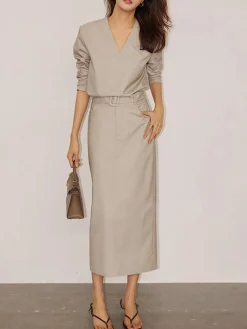 Online Solid V-neck Belted Two Piece Skirt Set Skirt Sets|Long Sleeve Sets