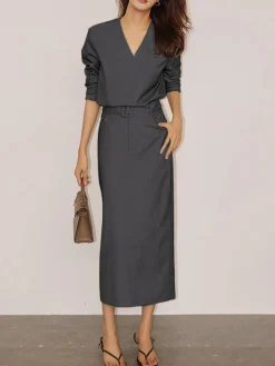 Online Solid V-neck Belted Two Piece Skirt Set Skirt Sets|Long Sleeve Sets