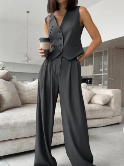 Best Solid V-Neck Waistcoat With Wide Leg Pants Set Pants Sets|Wide Leg