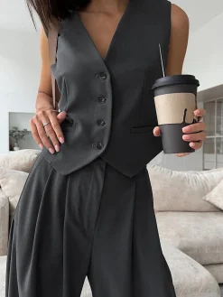 Best Solid V-Neck Waistcoat With Wide Leg Pants Set Pants Sets|Wide Leg