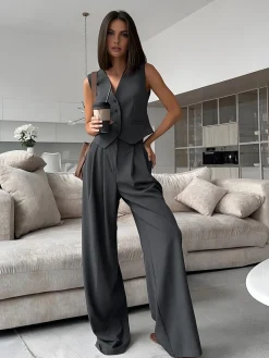 Best Solid V-Neck Waistcoat With Wide Leg Pants Set Pants Sets|Wide Leg