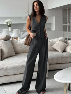 Best Solid V-Neck Waistcoat With Wide Leg Pants Set Pants Sets|Wide Leg