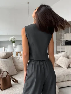Best Solid V-Neck Waistcoat With Wide Leg Pants Set Pants Sets|Wide Leg