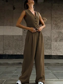 Best Solid V-Neck Waistcoat With Wide Leg Pants Set Pants Sets|Wide Leg