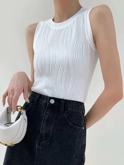 Clearance Solid Wavy Textured Tank Top Knitwear|Tops