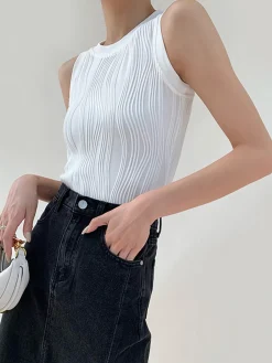 Clearance Solid Wavy Textured Tank Top Knitwear|Tops