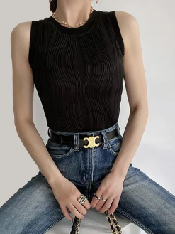 Clearance Solid Wavy Textured Tank Top Knitwear|Tops