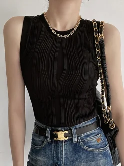 Clearance Solid Wavy Textured Tank Top Knitwear|Tops