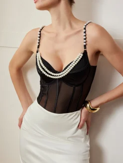 Online Spaghetti Strap Pearl Decor Mesh Bodysuit Bodysuits|Bodysuits