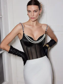 Online Spaghetti Strap Pearl Decor Mesh Bodysuit Bodysuits|Bodysuits