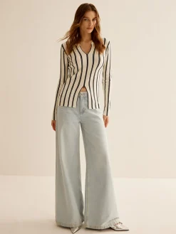 Online Split Pinstripe Slim Knit Top Sweater Tops|Sweaters & Cardigans