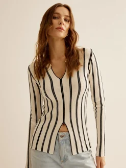 Online Split Pinstripe Slim Knit Top Sweater Tops|Sweaters & Cardigans