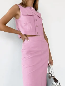 Split Pockets Sleeveless Skirt Set Skirt Sets|Long Sleeve Sets