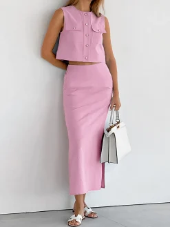Split Pockets Sleeveless Skirt Set Skirt Sets|Long Sleeve Sets