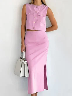 Split Pockets Sleeveless Skirt Set Skirt Sets|Long Sleeve Sets