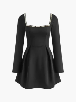 Outlet Square Collar Beaded Decor Pleated Dress Black Dresses|Casual Dresses