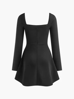 Outlet Square Collar Beaded Decor Pleated Dress Black Dresses|Casual Dresses
