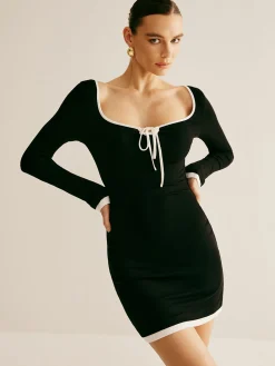 Hot Square Collar Drawstring Knit Dress Black Dresses|Sweater Dresses
