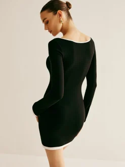 Hot Square Collar Drawstring Knit Dress Black Dresses|Sweater Dresses