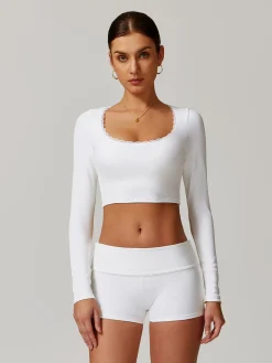 Clearance Square Collar Lettuce Trim Crop Active Top Crop Tops|Activewear