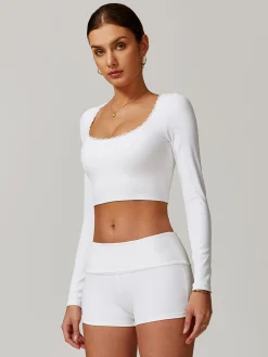 Clearance Square Collar Lettuce Trim Crop Active Top Crop Tops|Activewear