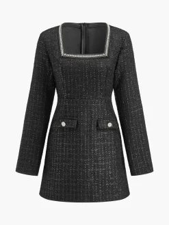 Best Square Neck Beaded Short Dress Black Dresses|Cocktail & Party Dresses