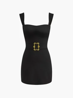 Square Neck Belted Short Dress Black Dresses|Casual Dresses