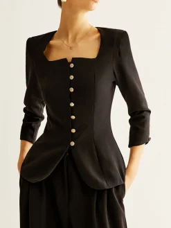 Square Neck Button Down Slit Blouse Blouses & Shirts|Tops