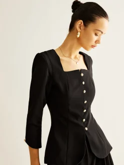 Square Neck Button Down Slit Blouse Blouses & Shirts|Tops