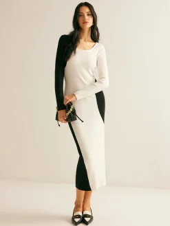 Sale Square Neck Color Block Sweater Dress White Dresses|Sweater Dresses