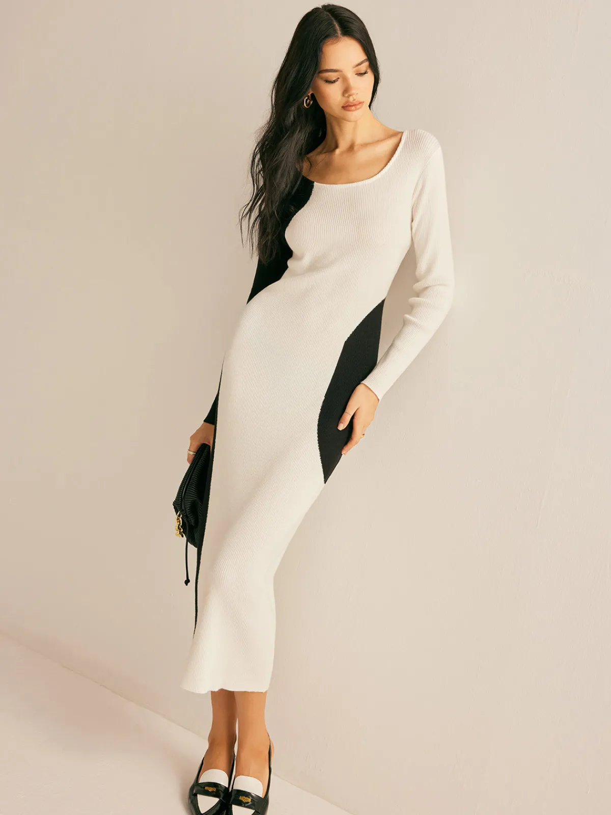 Sale Square Neck Color Block Sweater Dress White Dresses|Sweater Dresses