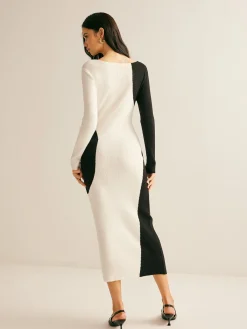 Sale Square Neck Color Block Sweater Dress White Dresses|Sweater Dresses