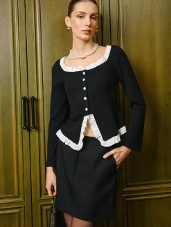 Hot Square Neck Contrast Lettuce Trim Slit Blouse Tops