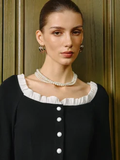 Hot Square Neck Contrast Lettuce Trim Slit Blouse Tops