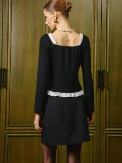 Hot Square Neck Contrast Lettuce Trim Slit Blouse Tops