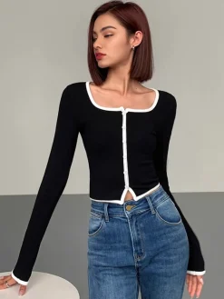 Online Square Neck Contrast Trim Long Sleeve Knit Shirt T-shirts|Knitwear