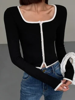 Online Square Neck Contrast Trim Long Sleeve Knit Shirt T-shirts|Knitwear