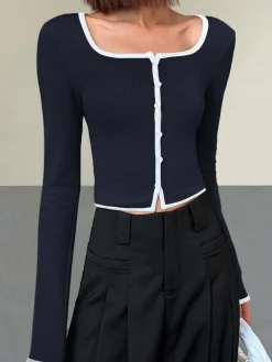 Online Square Neck Contrast Trim Long Sleeve Knit Shirt T-shirts|Knitwear