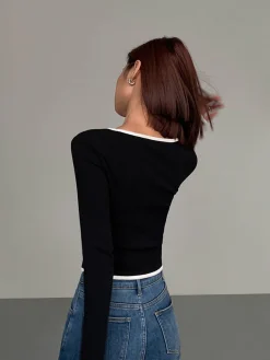 Online Square Neck Contrast Trim Long Sleeve Knit Shirt T-shirts|Knitwear