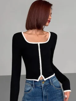 Online Square Neck Contrast Trim Long Sleeve Knit Shirt T-shirts|Knitwear