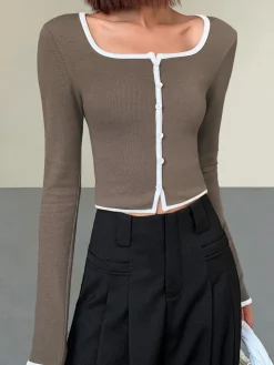 Online Square Neck Contrast Trim Long Sleeve Knit Shirt T-shirts|Knitwear