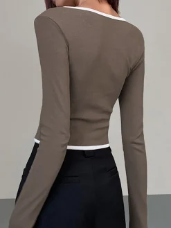 Online Square Neck Contrast Trim Long Sleeve Knit Shirt T-shirts|Knitwear