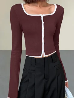 Online Square Neck Contrast Trim Long Sleeve Knit Shirt T-shirts|Knitwear