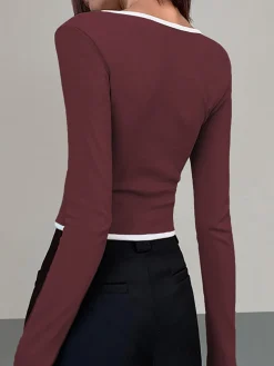 Online Square Neck Contrast Trim Long Sleeve Knit Shirt T-shirts|Knitwear