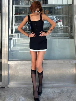 Clearance Square Neck Contrast Trim Dress Dresses