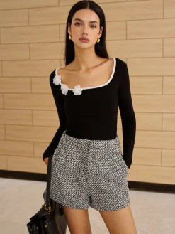 New Square Neck 3D Flower Knit Top Sweater Tops|Sweaters & Cardigans